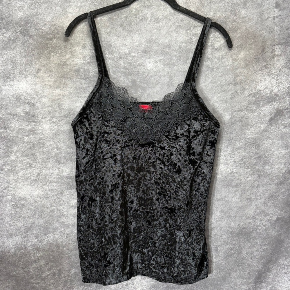 Daytrip Black Crushed Velvet Lace Trim Camisole Cami Tank Top Size S Whimsigoth